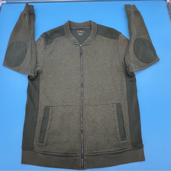 L.L. Bean Men's Green Full Zip Sweater Two-Tone Elbow Patches Cotton Size Medium - Picture 2 of 12